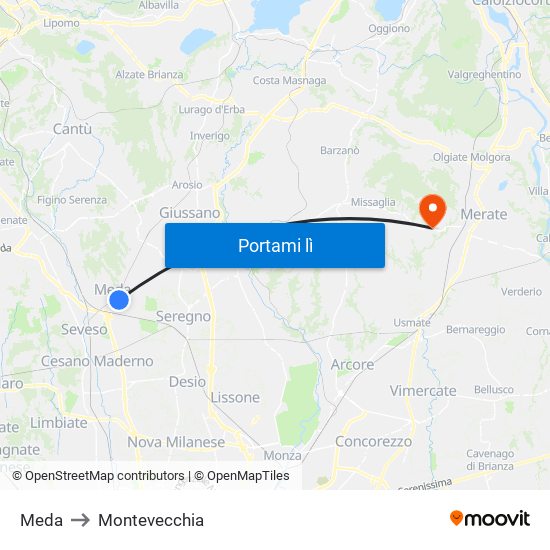 Meda to Montevecchia map