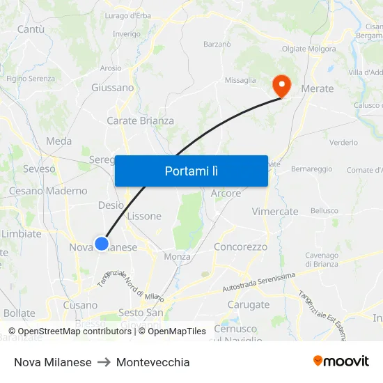 Nova Milanese to Montevecchia map