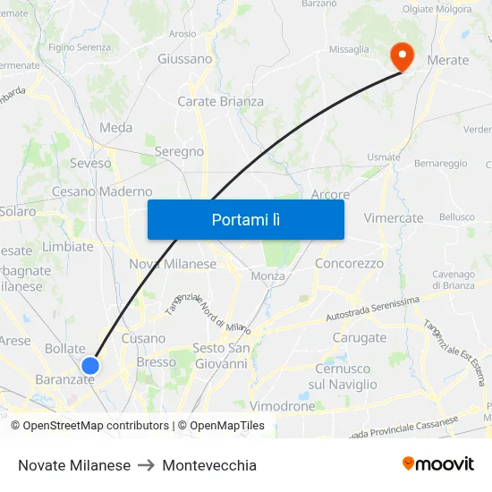 Novate Milanese to Montevecchia map
