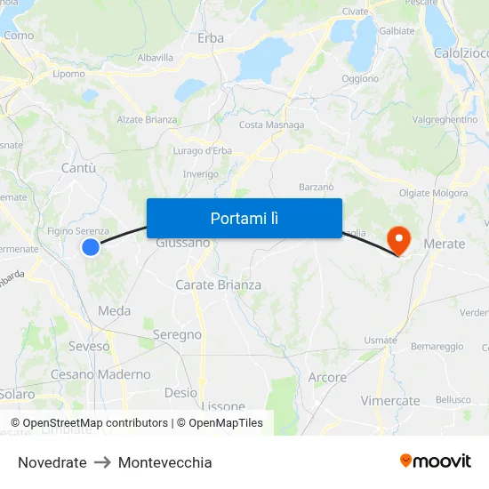Novedrate to Montevecchia map