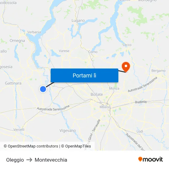 Oleggio to Montevecchia map