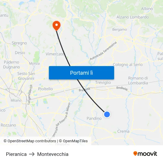Pieranica to Montevecchia map