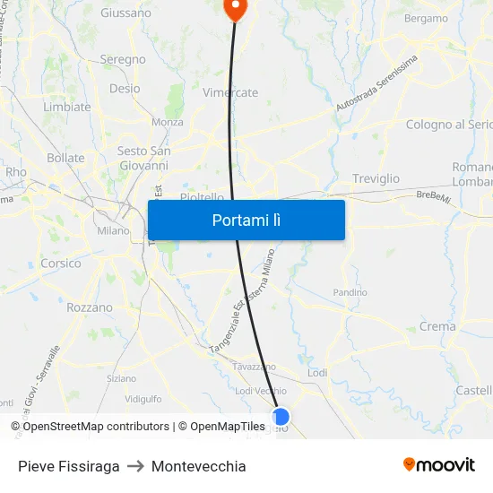Pieve Fissiraga to Montevecchia map