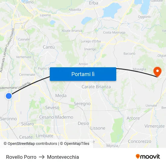 Rovello Porro to Montevecchia map