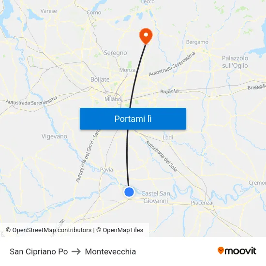 San Cipriano Po to Montevecchia map