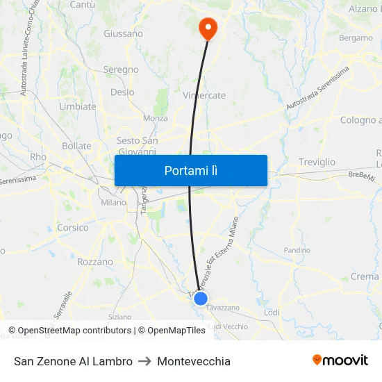 San Zenone Al Lambro to Montevecchia map