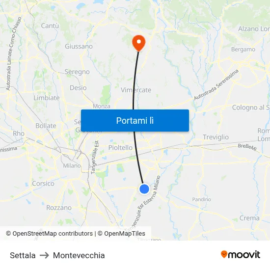 Settala to Montevecchia map