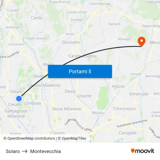 Solaro to Montevecchia map