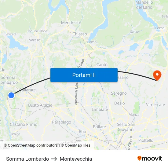 Somma Lombardo to Montevecchia map
