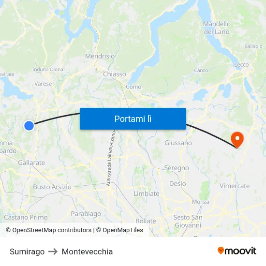 Sumirago to Montevecchia map