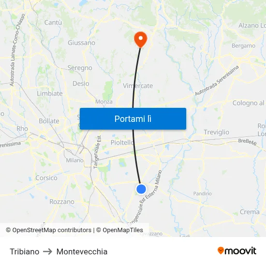 Tribiano to Montevecchia map