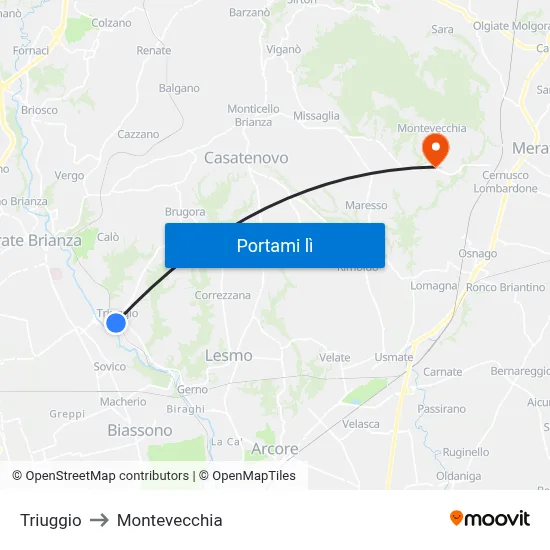 Triuggio to Montevecchia map