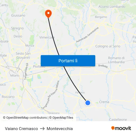 Vaiano Cremasco to Montevecchia map