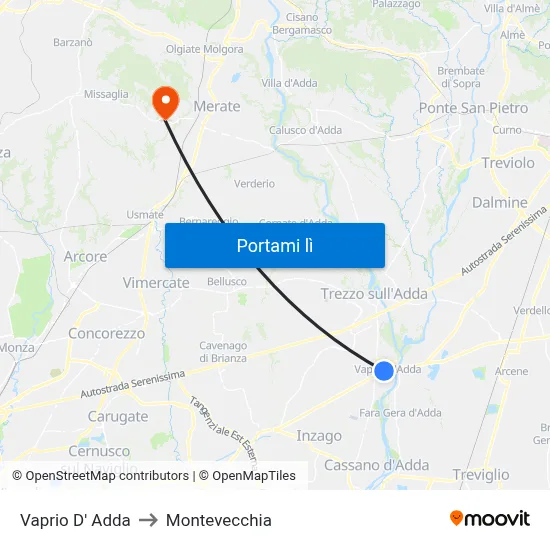 Vaprio D' Adda to Montevecchia map