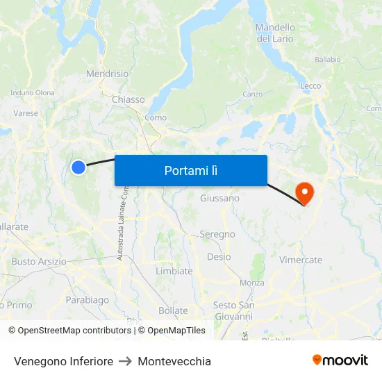 Venegono Inferiore to Montevecchia map