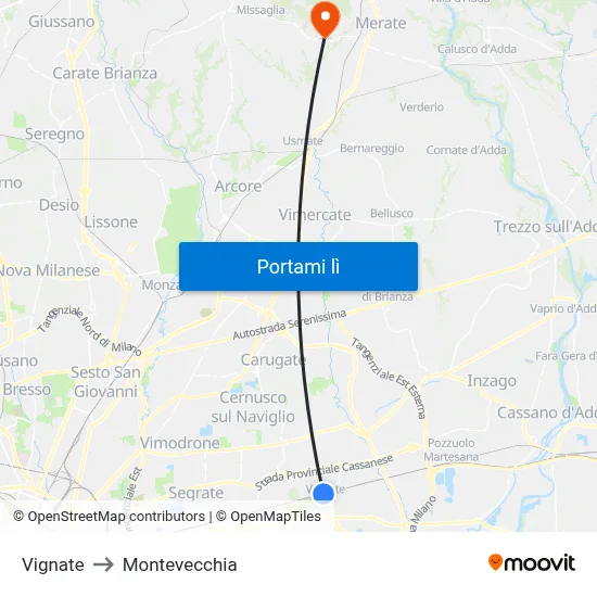 Vignate to Montevecchia map