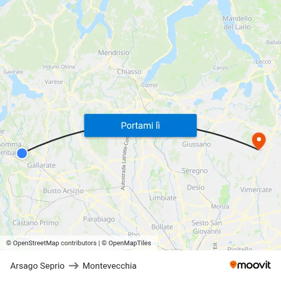 Arsago Seprio to Montevecchia map