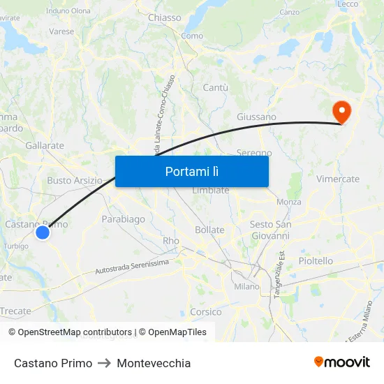 Castano Primo to Montevecchia map