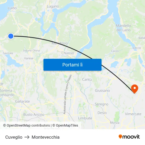 Cuveglio to Montevecchia map
