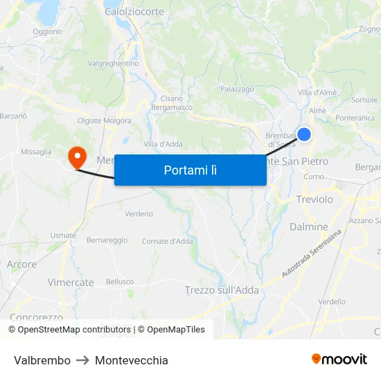 Valbrembo to Montevecchia map