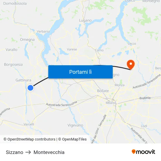 Sizzano to Montevecchia map