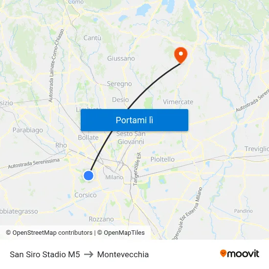 San Siro Stadio M5 to Montevecchia map