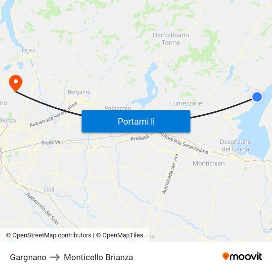 Gargnano to Monticello Brianza map