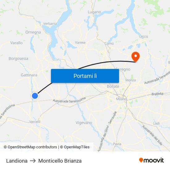 Landiona to Monticello Brianza map