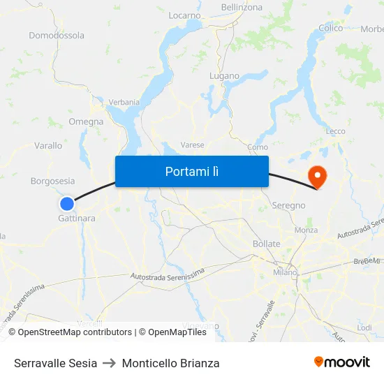 Serravalle Sesia to Monticello Brianza map
