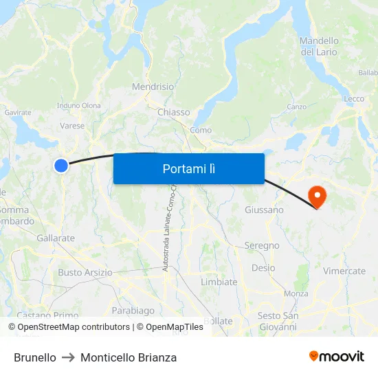 Brunello to Monticello Brianza map