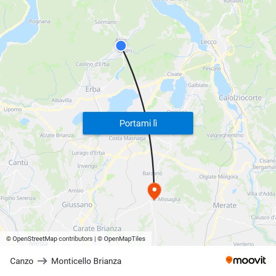 Canzo to Monticello Brianza map