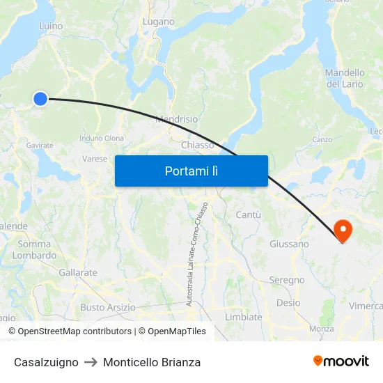 Casalzuigno to Monticello Brianza map