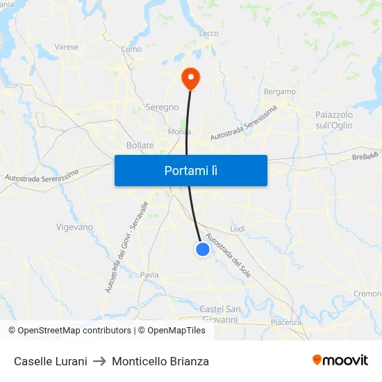 Caselle Lurani to Monticello Brianza map