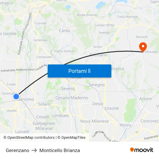 Gerenzano to Monticello Brianza map