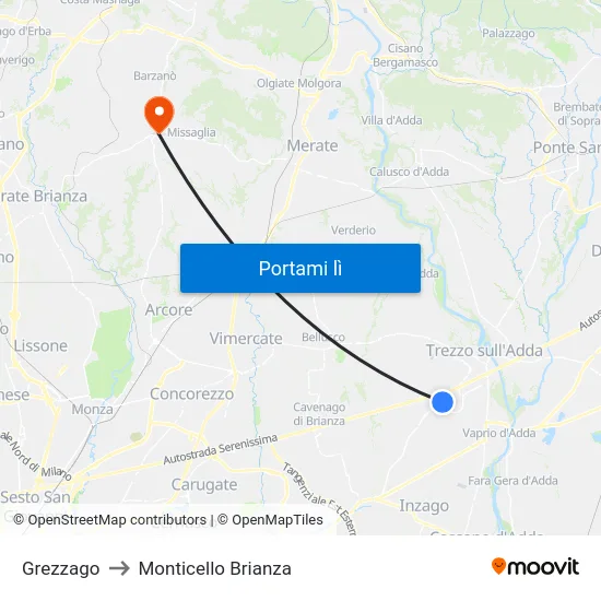 Grezzago to Monticello Brianza map