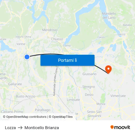 Lozza to Monticello Brianza map