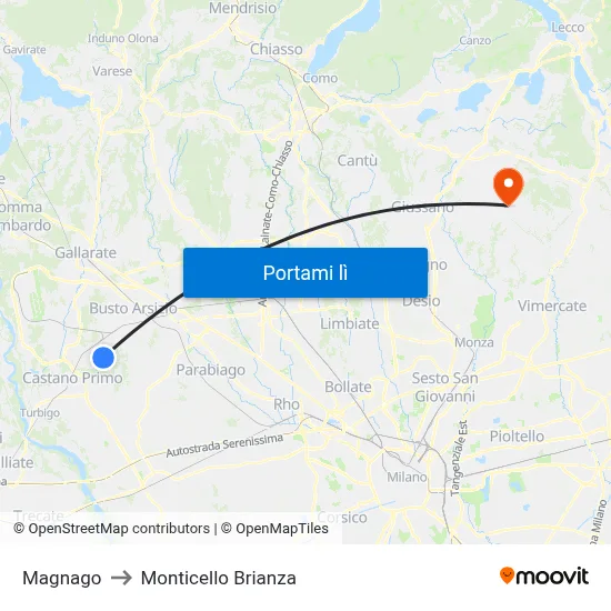 Magnago to Monticello Brianza map