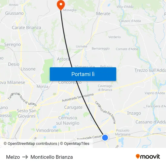 Melzo to Monticello Brianza map