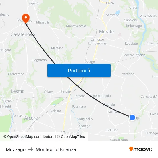Mezzago to Monticello Brianza map