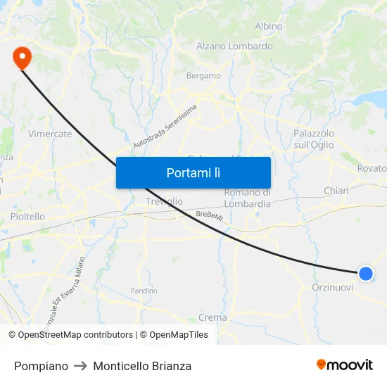 Pompiano to Monticello Brianza map