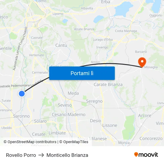 Rovello Porro to Monticello Brianza map
