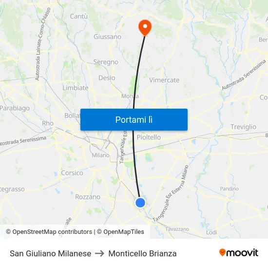 San Giuliano Milanese to Monticello Brianza map