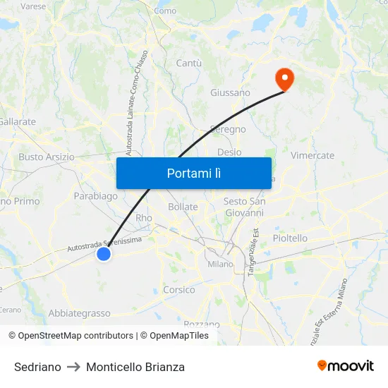 Sedriano to Monticello Brianza map