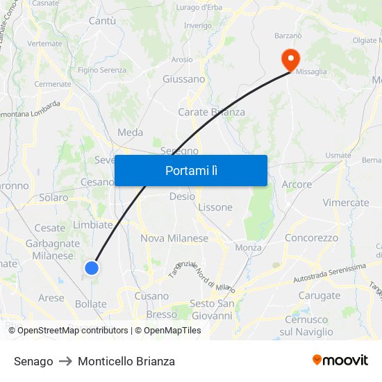 Senago to Monticello Brianza map