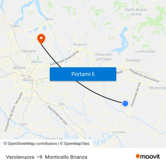 Verolanuova to Monticello Brianza map