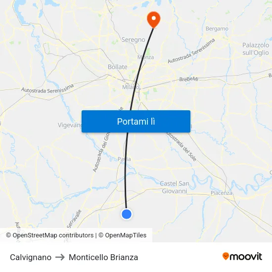 Calvignano to Monticello Brianza map