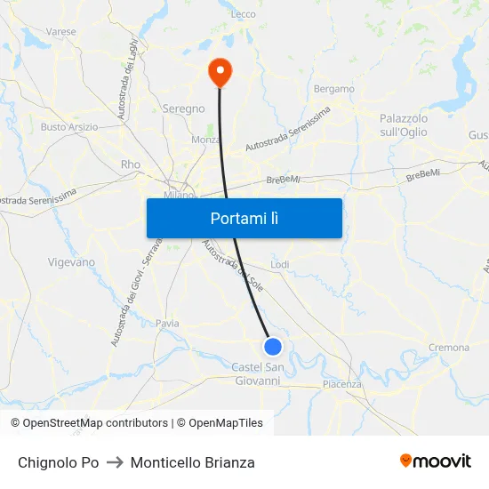 Chignolo Po to Monticello Brianza map