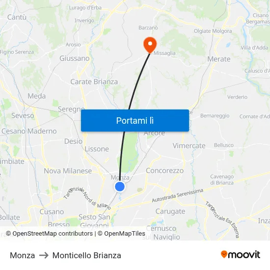 Monza to Monticello Brianza map