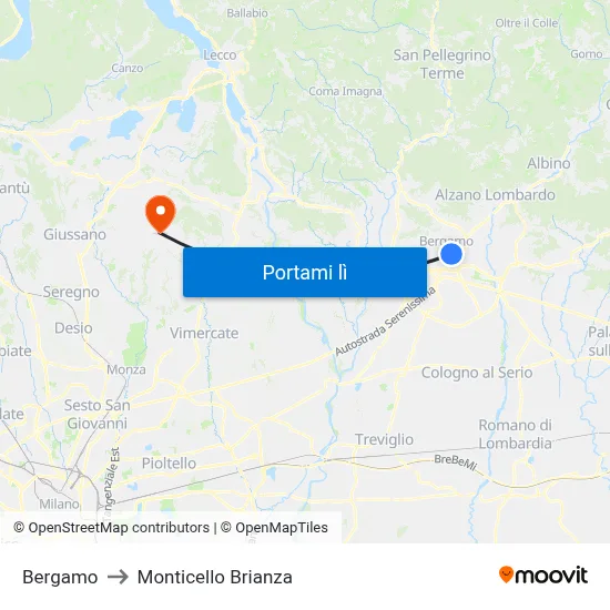 Bergamo to Monticello Brianza map