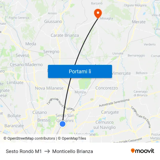 Sesto Rondò M1 to Monticello Brianza map